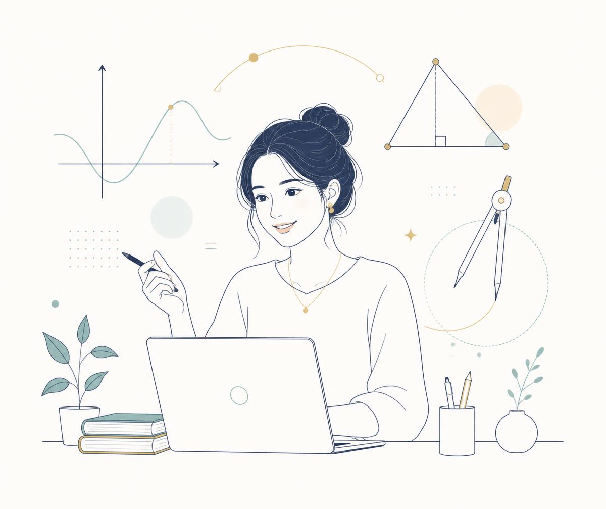 Illustration of a math tutor teaching an online class with graphs and geometry tools